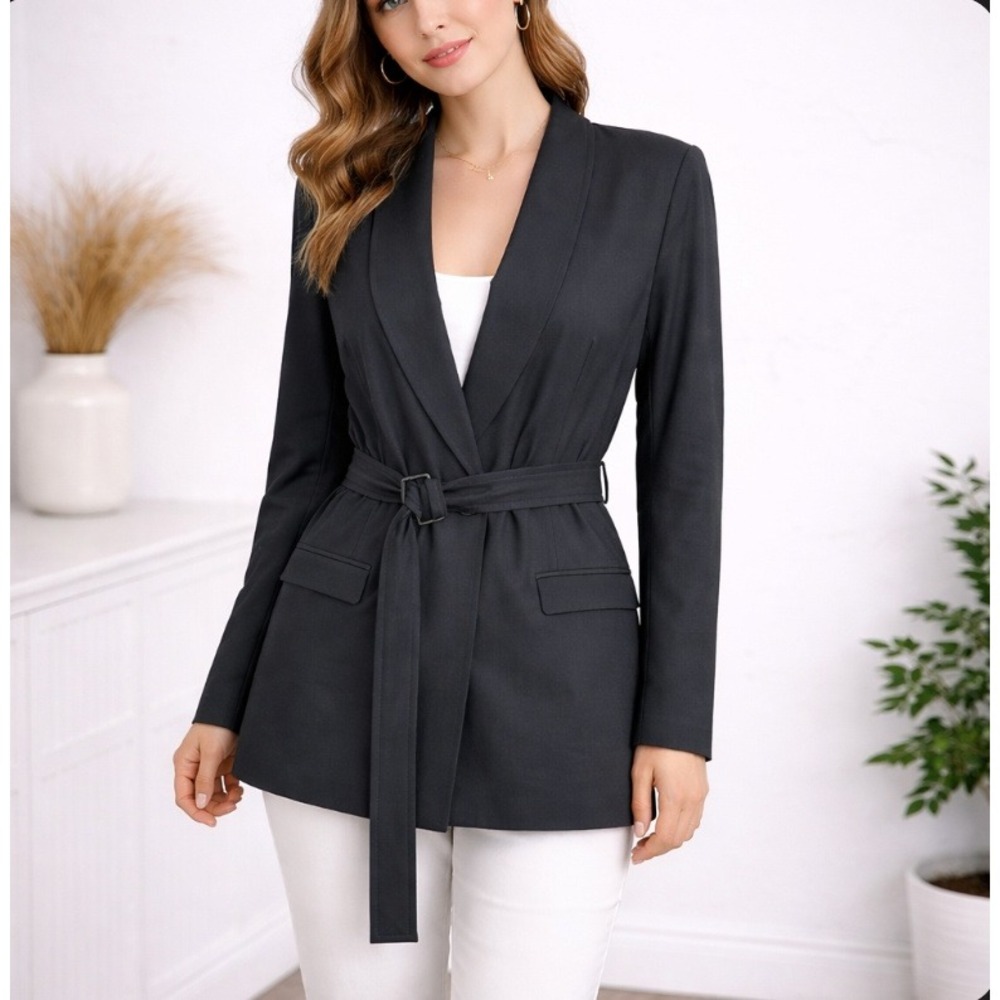 NWT Banana Republic Blazer Women Sz 14 Gray Belted Shawl Collar Longline Career‎